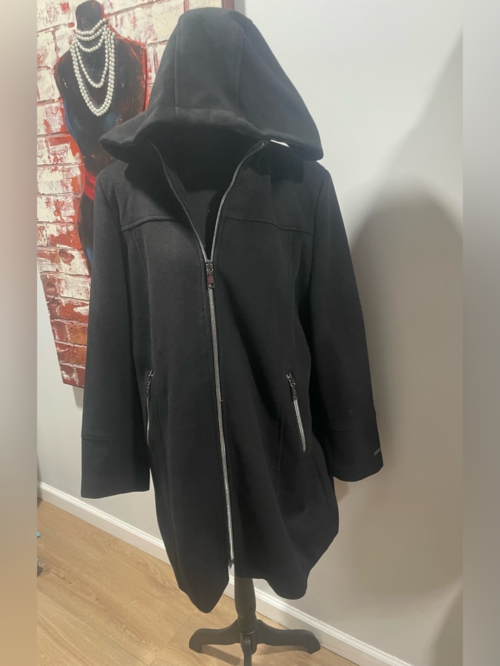 Vince Camuto Black Hooded Zip-Front Trench Coat